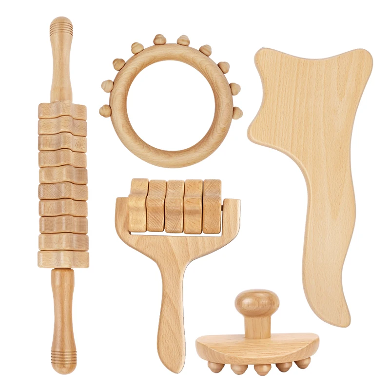 New arrivals 5pcs/set Wood Therapy  Massage Tools Set Wood Massager Roller Wood Gua Sha Roller Anti Cellulite Massager