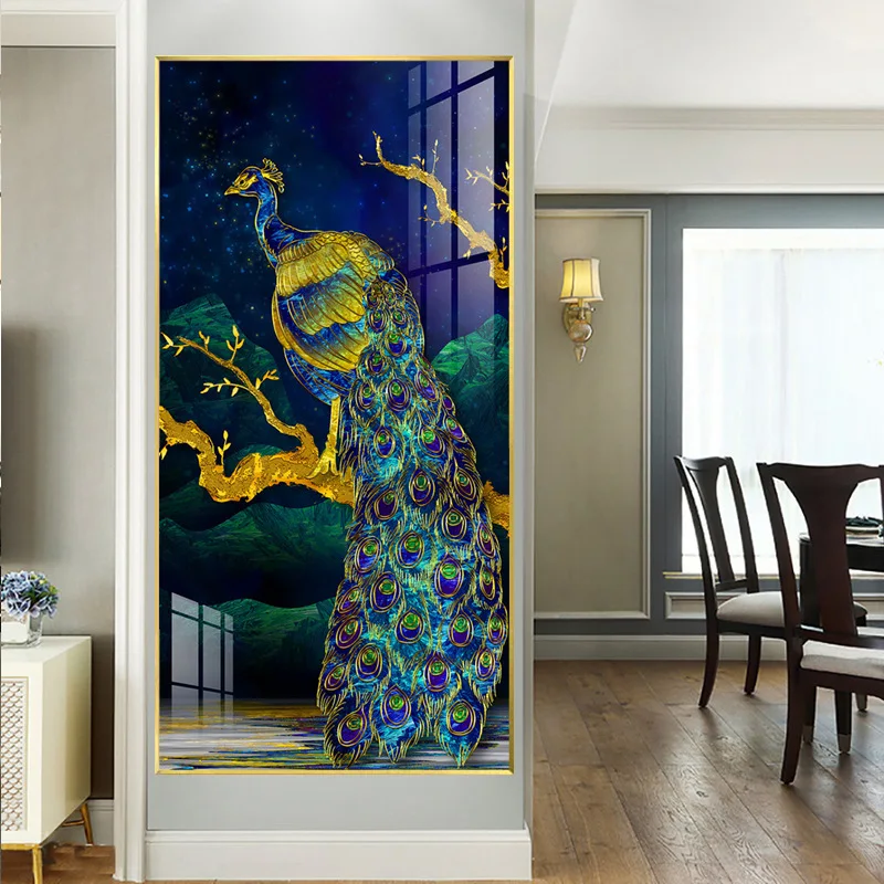 European abstract colorful peacock living room corridor porch  hanging  crystal porcelain  peacocks glass wall painting wall art