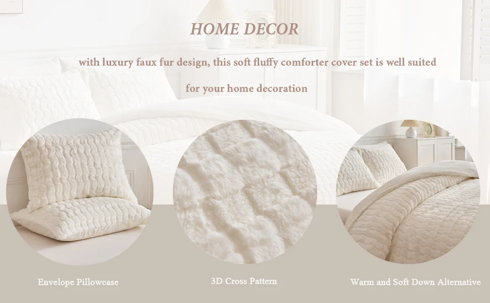 Faux Rabbit Fur Duvet Cover Set Super Soft Furry Comforter Cover Set Luxury Cozy Cross Pattern Plush Fuzzy 3Pcs Bedding Set