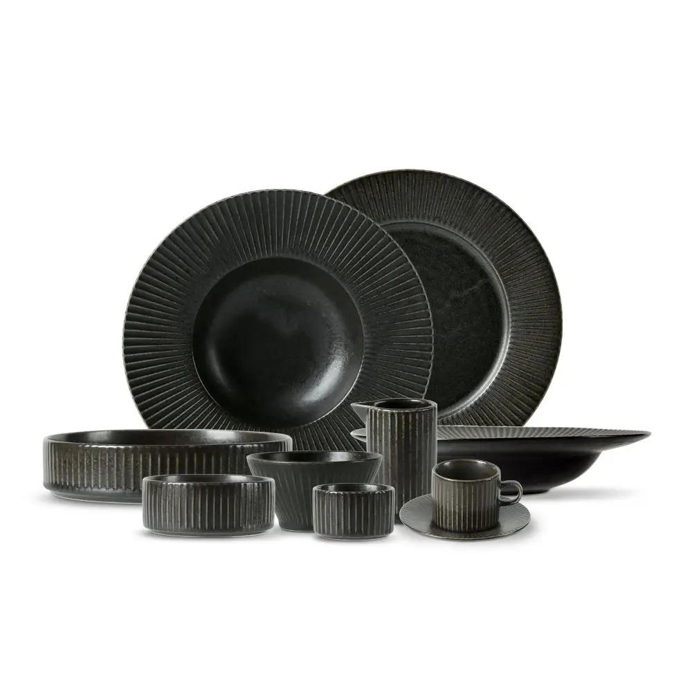 Restaurant Modern Reactive Black Glazed Porcelain Round Serving Plates Small Soup Cereal Bowl Ceramic Dinnerware Set