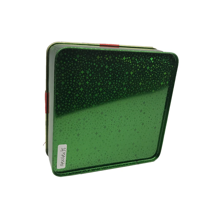 Hot Sale Laser Printed Effect Metal Package Box For Gift Custom Unique Film Cover Printing Square Tin Box With Bow Ribbon