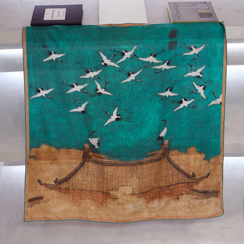 Crane Double Side Printed 100% Silk Scarf Square Stylish Women Scarves Shawl