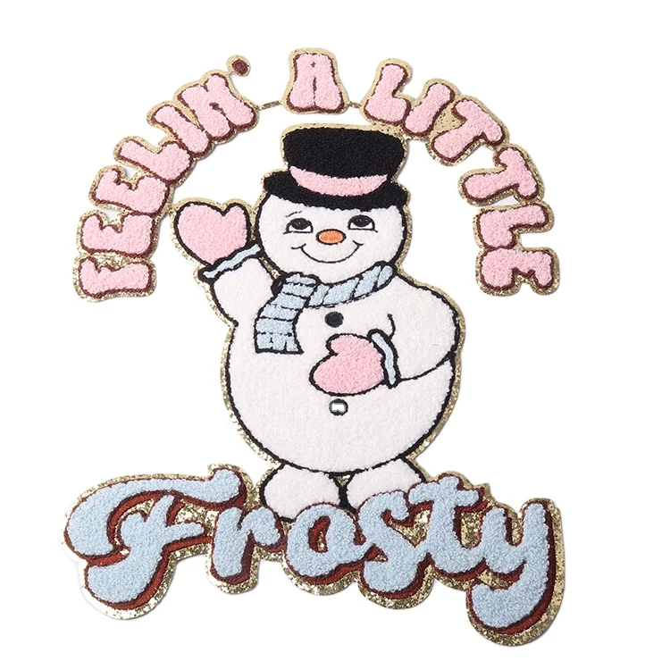 Larger Christmas fall iron on embroidery chenille patches hoodie big glitter pink chille frosty snowman patch for sweatshirt
