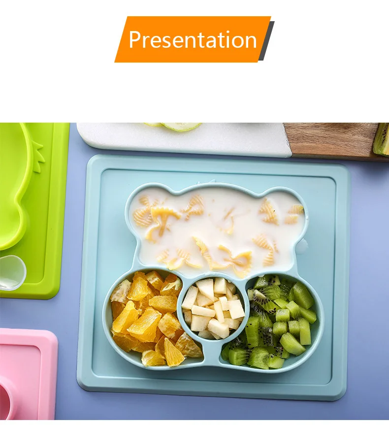 BPA Free Food Grade Silicone Cartoon Baby Feeding Plate Dinner Tableware Silicone Children Baby Divided Plate Mat With Spoon
