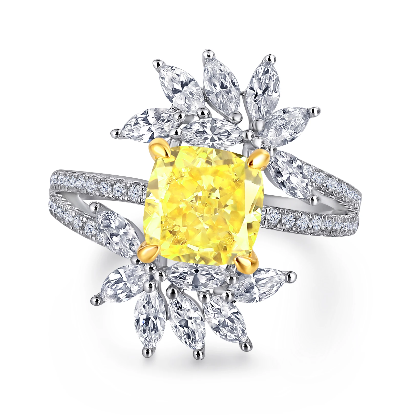 New Style Women Engagement Ring 925 Sterling Silver Rhodium Plated High Carbon Dril Yellow Gemstone Ring