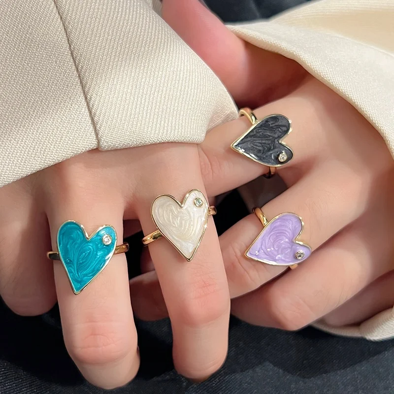 Handmade Enamel Heart Ring Blue Black  Purple Coloful Dripping Oil Silver Ring High Quality Hot Sale Free Print Logp Enamel Ring