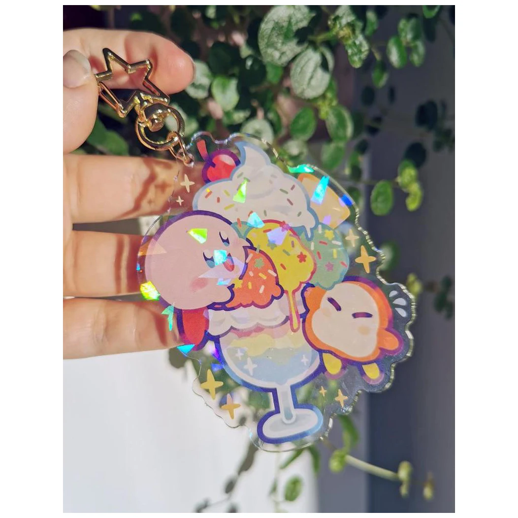 Laser logo clear printed charm custom acrylic holographic finish keychain