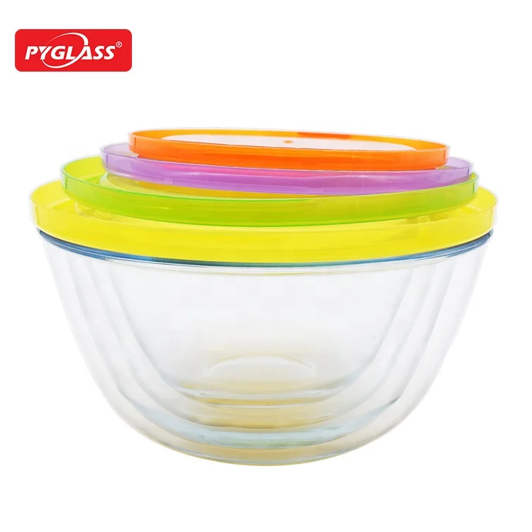 4 piece high borosilicate Kitchen & Tabletop dinnerware glass salad bowl set with PP lid