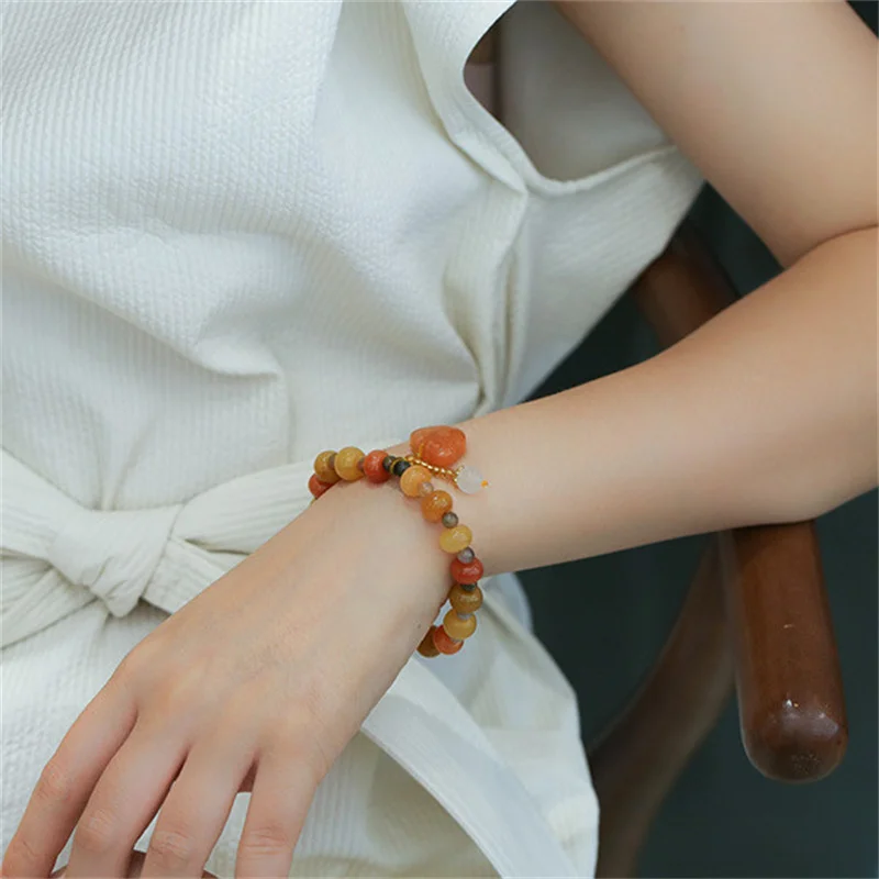 Natural Gold Silk Jade Beaded Bracelets for Women Handmade Vintage Jewelry Female Safety Lock Pendent Chinese Jade Bracelet