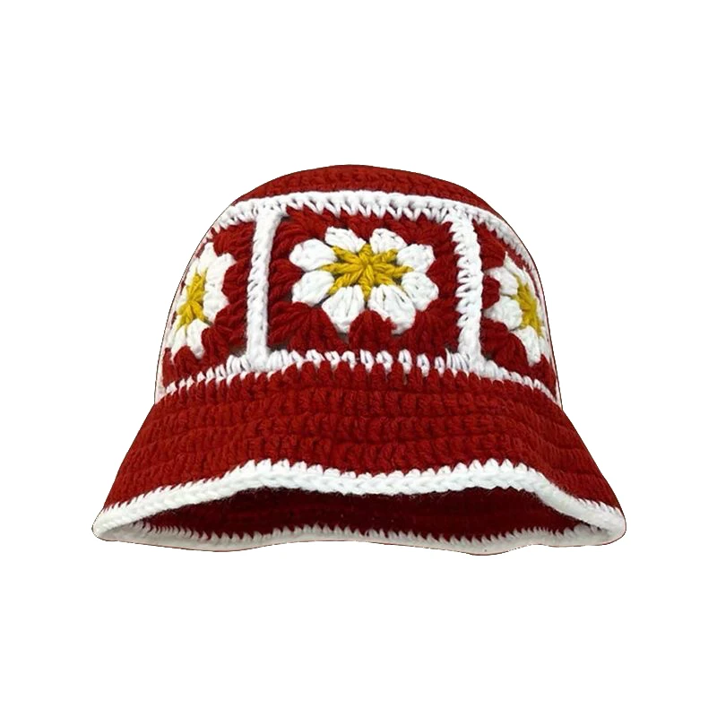 Support Customized Vintage Cherry Flowers Hand-knitted Pot Hat Female Fall and Winter Sweet Hundred With Wool Hat