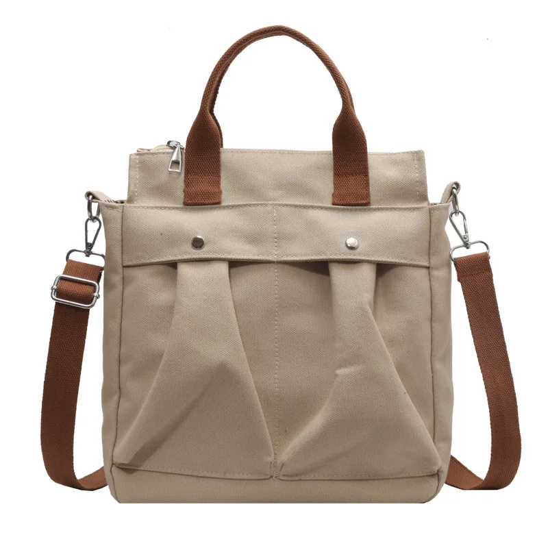 Custom Canvas Shoulder Bag With Zipper Eco-Friendly Reusable Canvas Tote Messenger Bag with Leather Handles