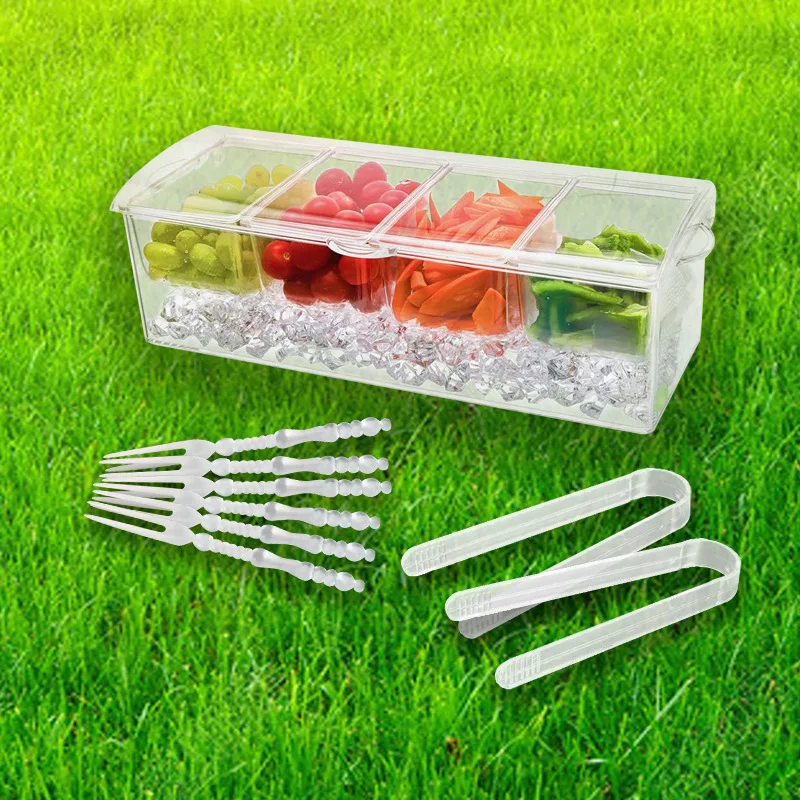 Clear PET Plastic Condiment Server Bar Garnish Holder Chilled with Ice Tray and 4 Removable Compartments