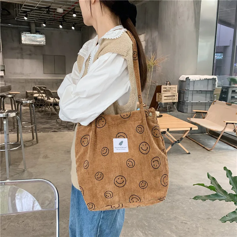 2023 custom logo Corduroy fabric shopping bags smile face corduroy shoulder bags strong capacity corduroy shopping tote bags