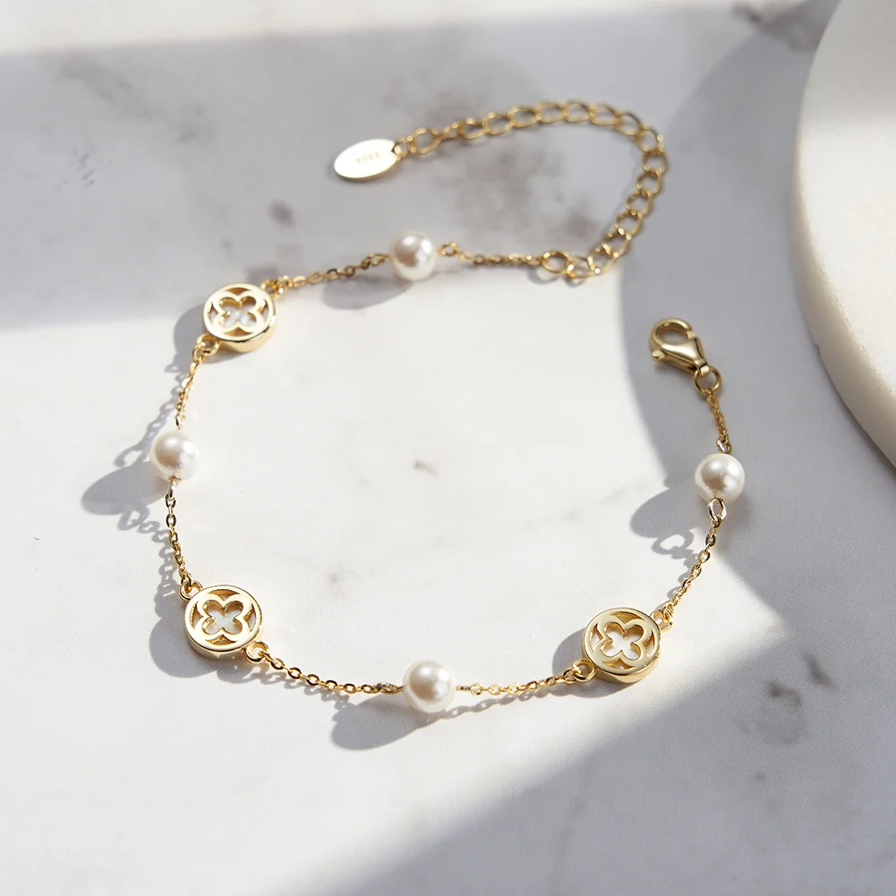 GMB65-71 RINNTIN Wholesale 14K Gold Shell pearls Bracelet Latest Girl 925 Silver Jewelry Four Leaf Clover Bracelet For Women