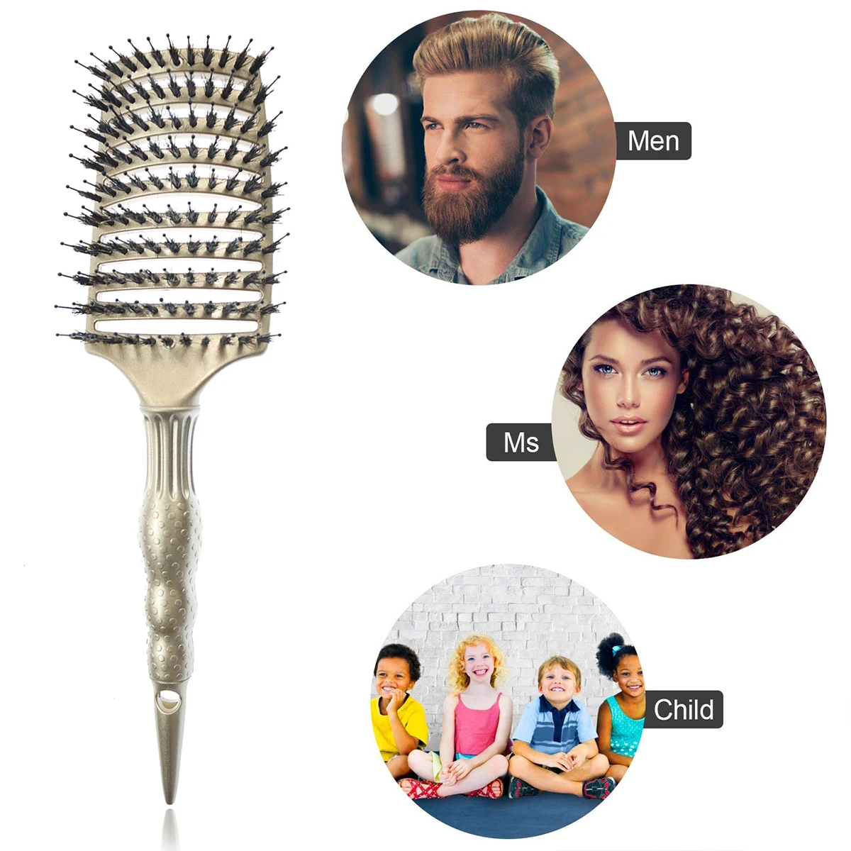 Professional Vent Boar Bristle  with Nylon Bristle Curly Brush Curved Vented Detangling Hair Brush