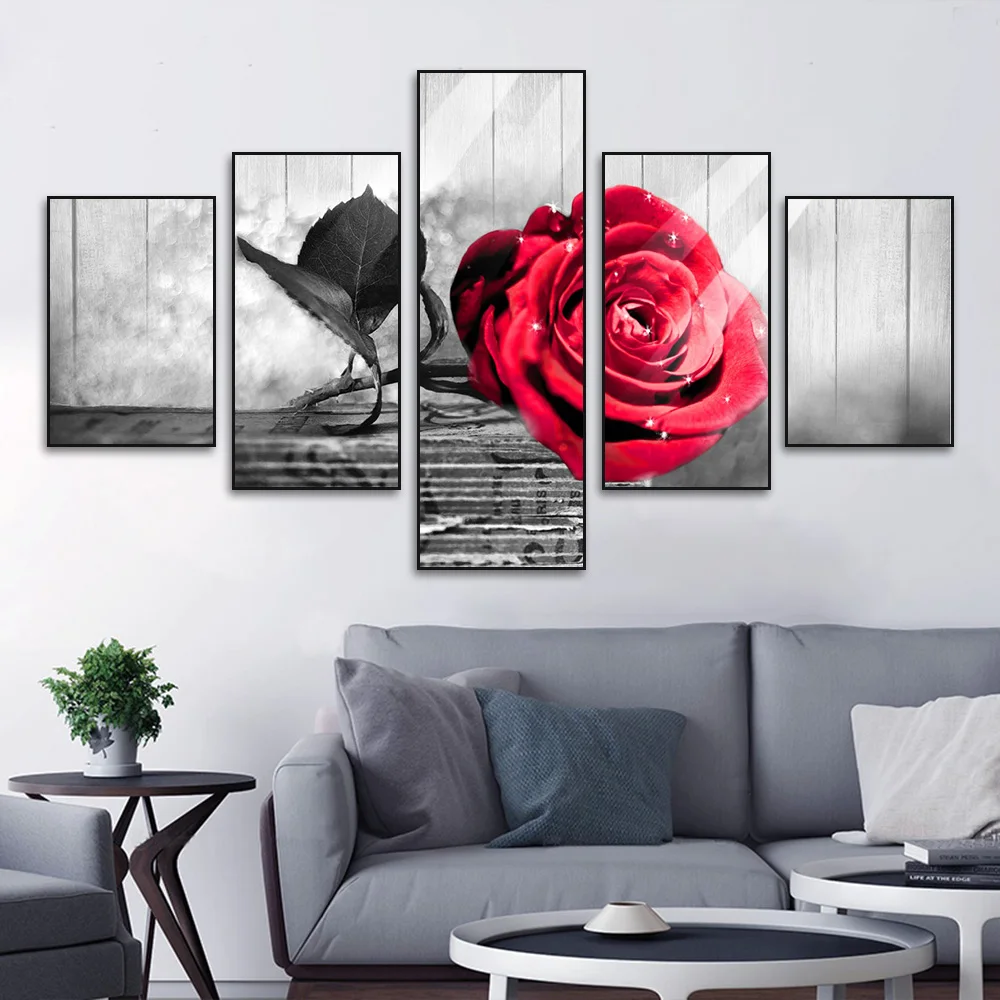 black and white rose Painting Decorative Home Decoration Living Room Picture Prints 5 Piece Wall Art