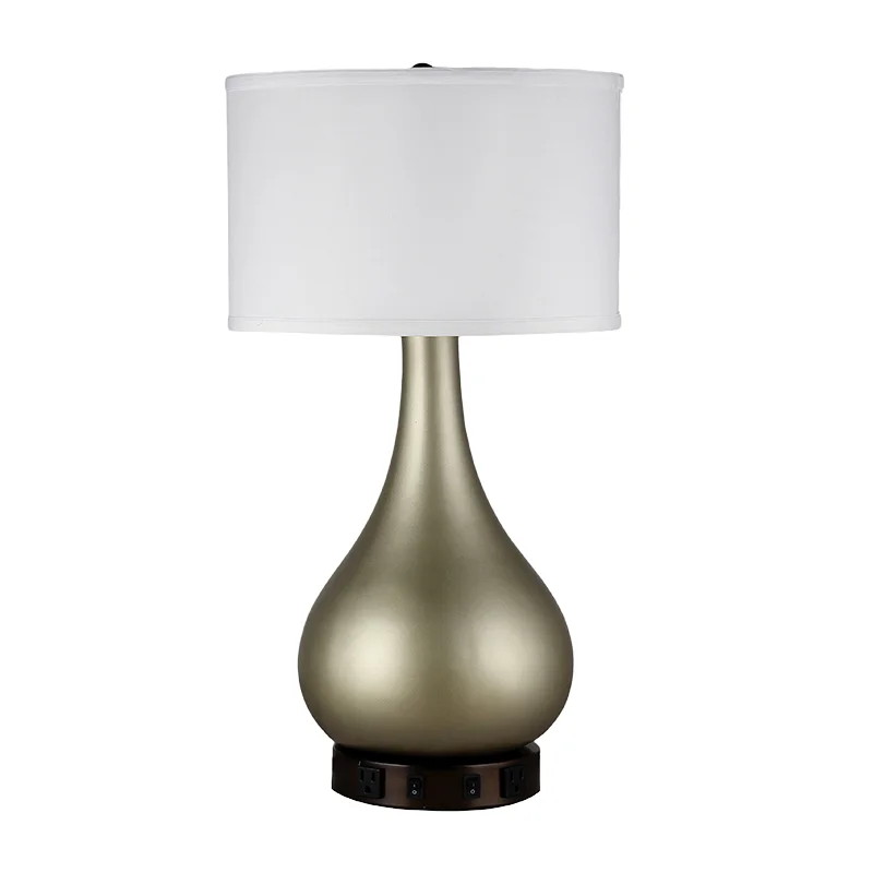 Modern Metal Desk Bedside Lamp with USB Power Outlets E26/E14 Bulb Base Drum Shade Table Lamp for Hotel Home Bedroom Living Room