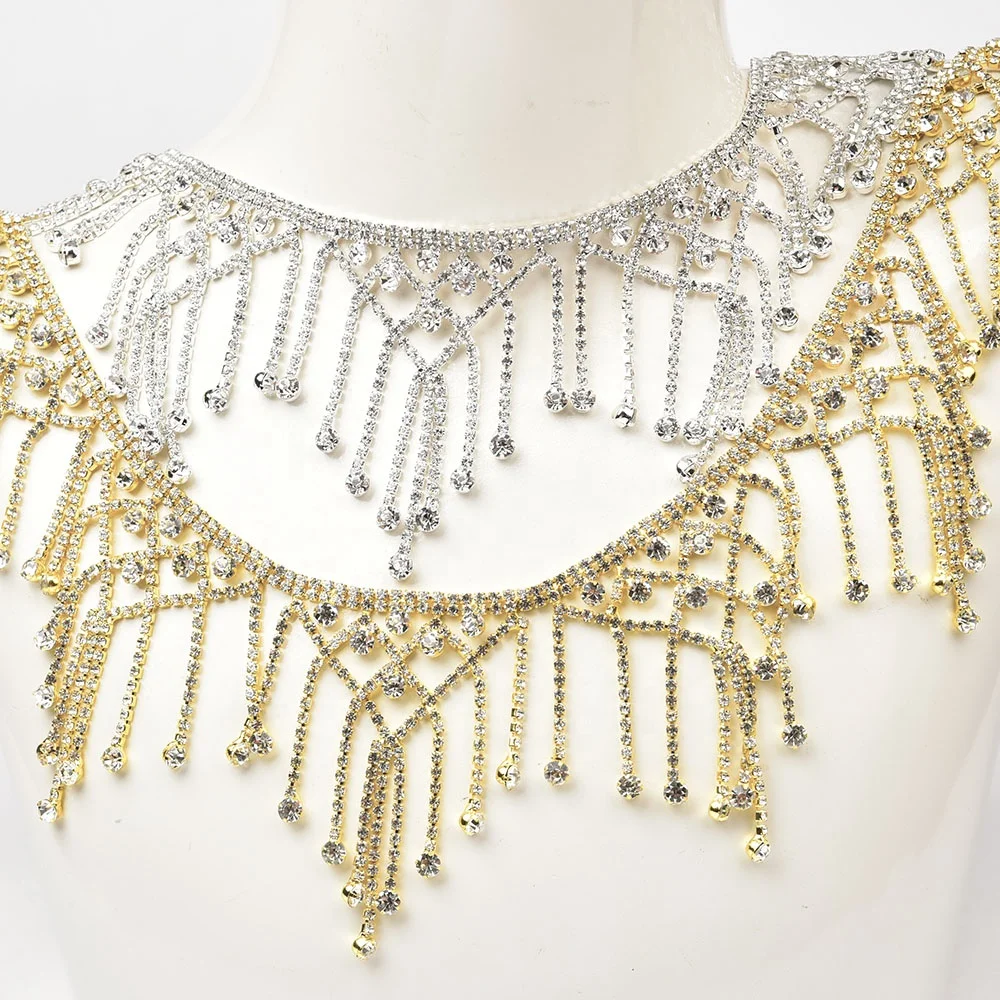 Яркая стеклянная прозрачная сетчатая отделка с бахромой из серебряного золота со стразами и кисточками цепочка для свадебного платья