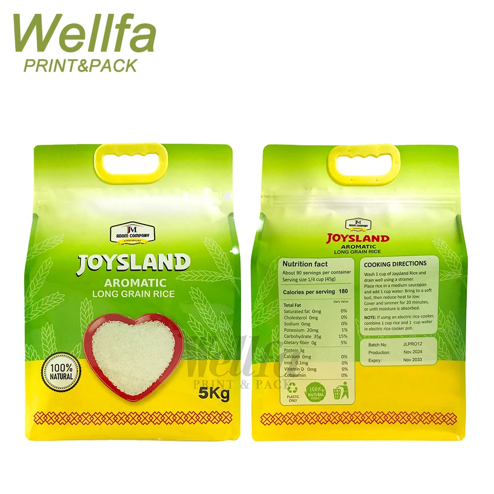 Manufacturer Plastic Printing Flat Bottom Pouch Zipper Nylon Cooked Rice Packaging With Handle 1Kg 2Kg 5Kg Rice Packing Bag