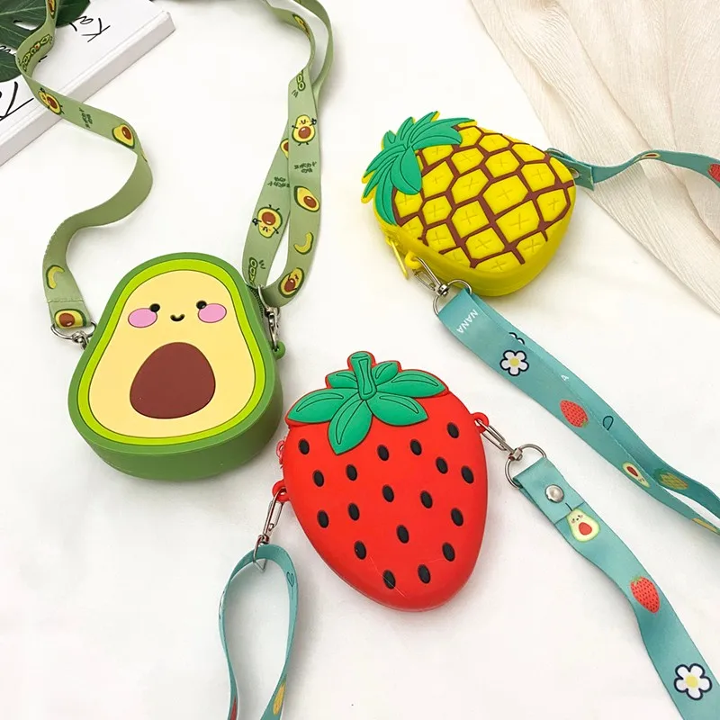 Mini cute lovely pineapple strawberry avocado silicone rubber baby kid children wallet coin purse with fruit shape