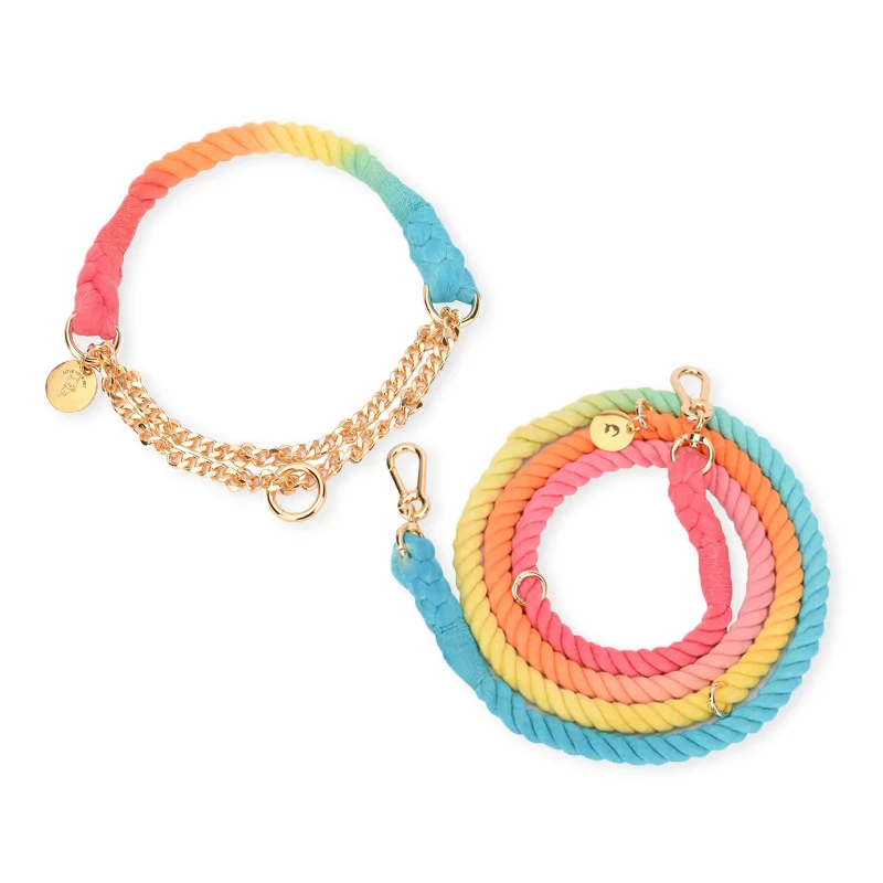 
Wholesales Stock Bulk Full Coloring Hands Free Pink Braided Nylon Rope Dog Leash With Gold Metal Chain Rope Collar Sets For Pets 