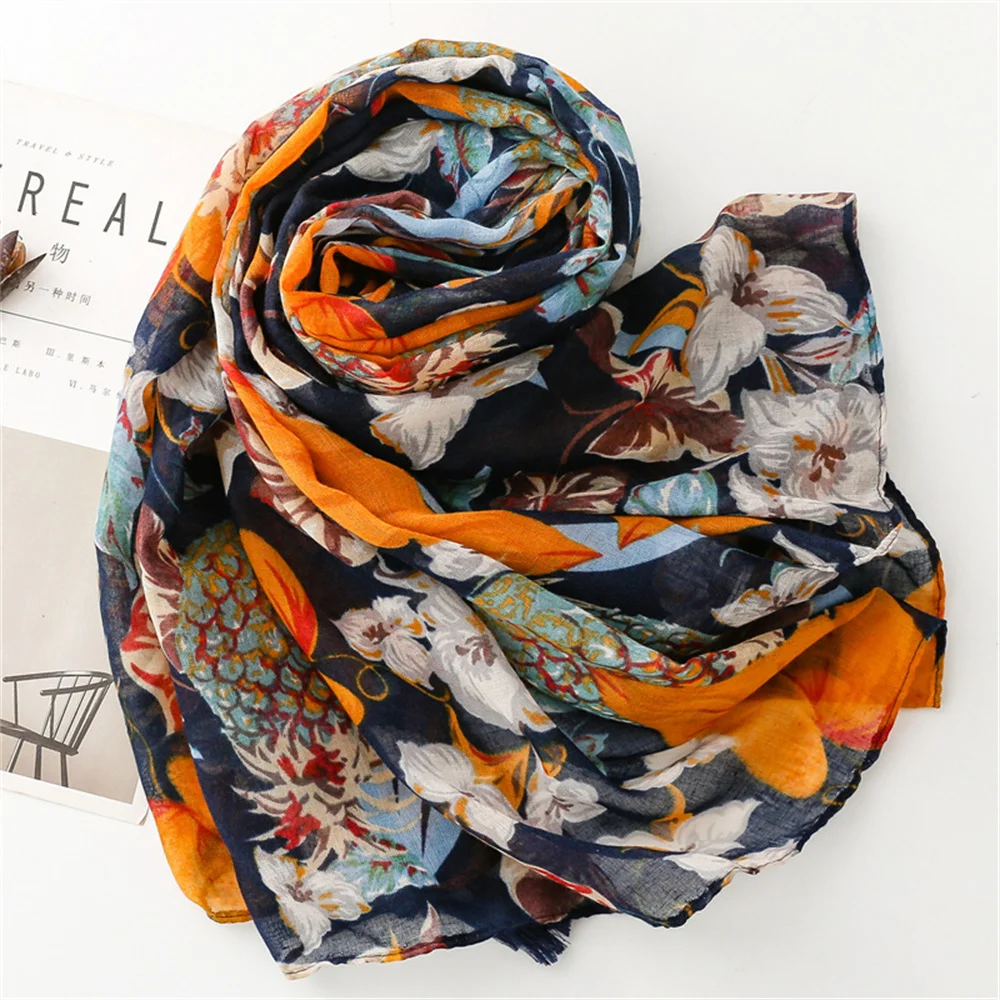 Wholesale New Fashion Muslim Women Shawl Floral Viscose Printed Hijab Fancy Soft Cotton Tassel Scarf