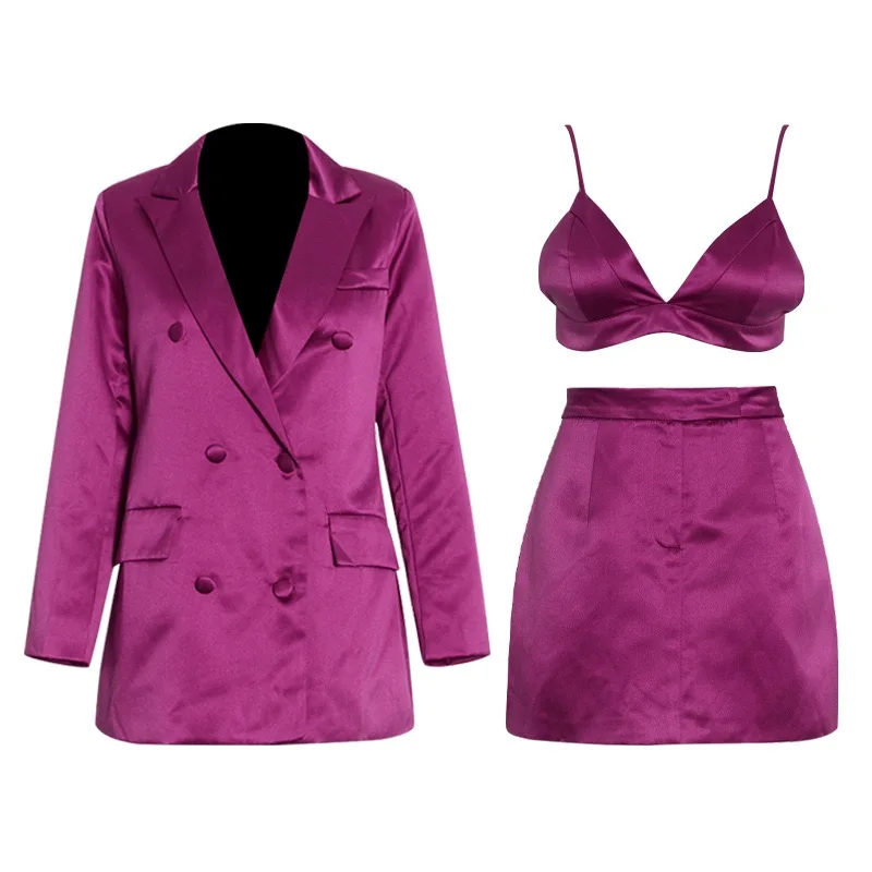 Wholesale pink color sexy v neck single breasted silk ladies blazer skirt set high quality 3 pieces women blazer skirt suit