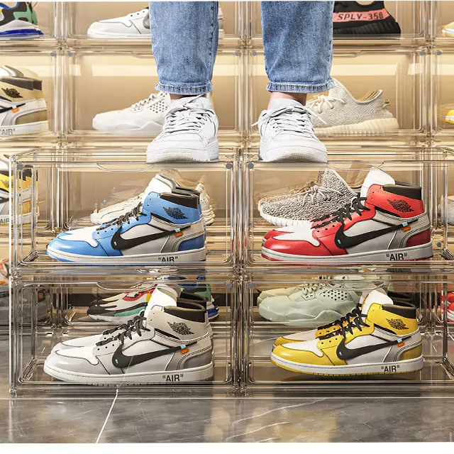 XingYou Clear transparent PET shoe box new sneaker container box wholesale magnetic door stackable giant jordan acrylic shoe box