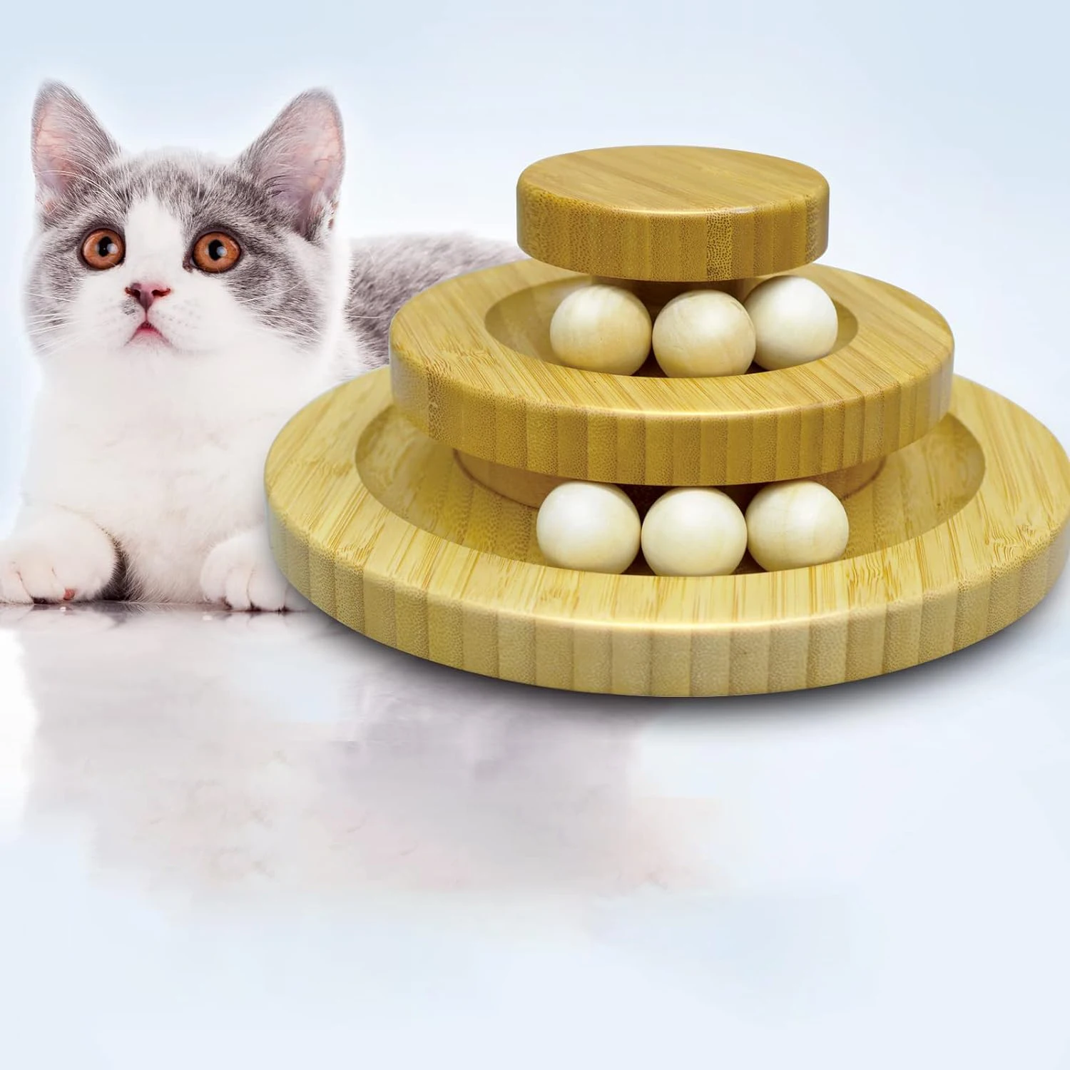 HS Natural Sustainable Wooden Pet Interactive Toy Cat Tunnel Tower Toys Three-layer Cat Turntable With Wooden Balls