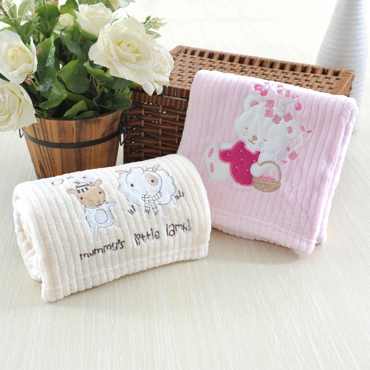 Embroidered animal and rib microfiber newborn sherpa cute baby blanket
