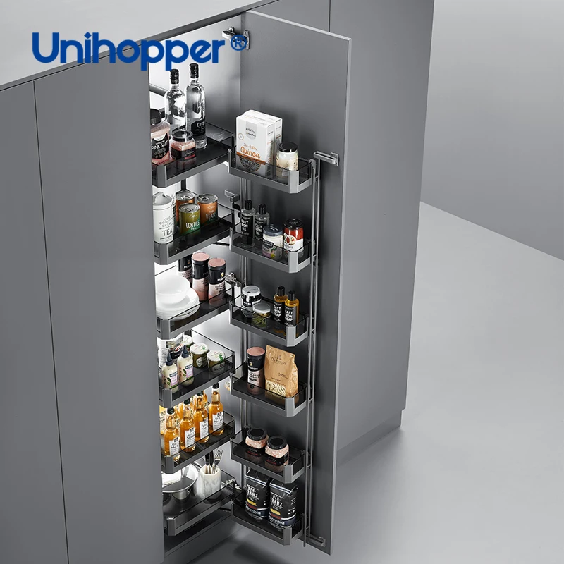 Unihopper Kitchen Cabinet Aluminum Alloy Storage Organizer Swivel Pull Out Tall Unit Tandem Glass Basket Pantry Unit