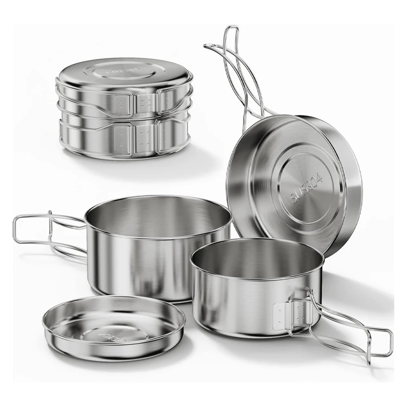 Hiking Camping Mess Kit Cookware set Stainless Steel Camping Pot Fly Pan with Folding Handle
