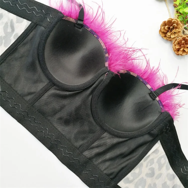 New Feather Vintage Leopard Printed Women Straps Vest Bustier Bra Corsage High Fashion Lingerie Sexy Steel Bone Corset Top Fur