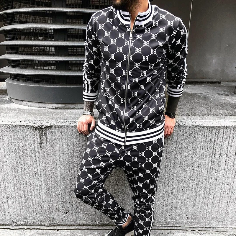 2021 fall fashion full body print jogging suits casual sportswear Polyester material men zipper jogging suit