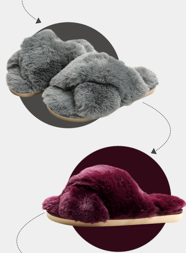 Fashionable Cross Strap Tpr Sole Winter Fluffy Fuzzy Indoor Plush Faux Fur Home Slippers For Women Lady