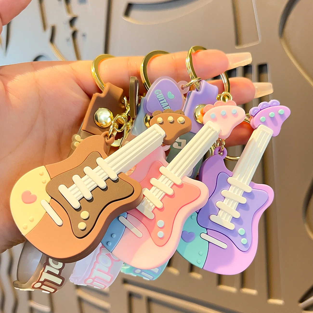 Wholesale hing quality  Rubber Keychains Creative Macaron 3D PVC Backpack Pendant Cartoon Silicon Cool Guitar Key Chain