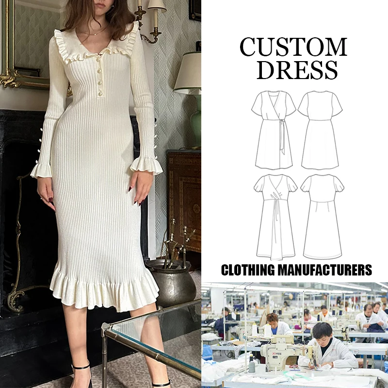 wholesale fall 2024 women clothes new lady Elegant casual Wool Knitted midi bodycon women sweater dress with small ruffles