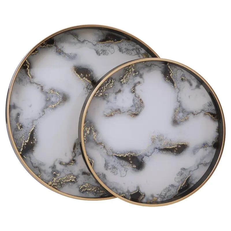 Super High Quality Simple Luxury White Marble Gold  Foil Art With Handles Round Glass Serving Tray