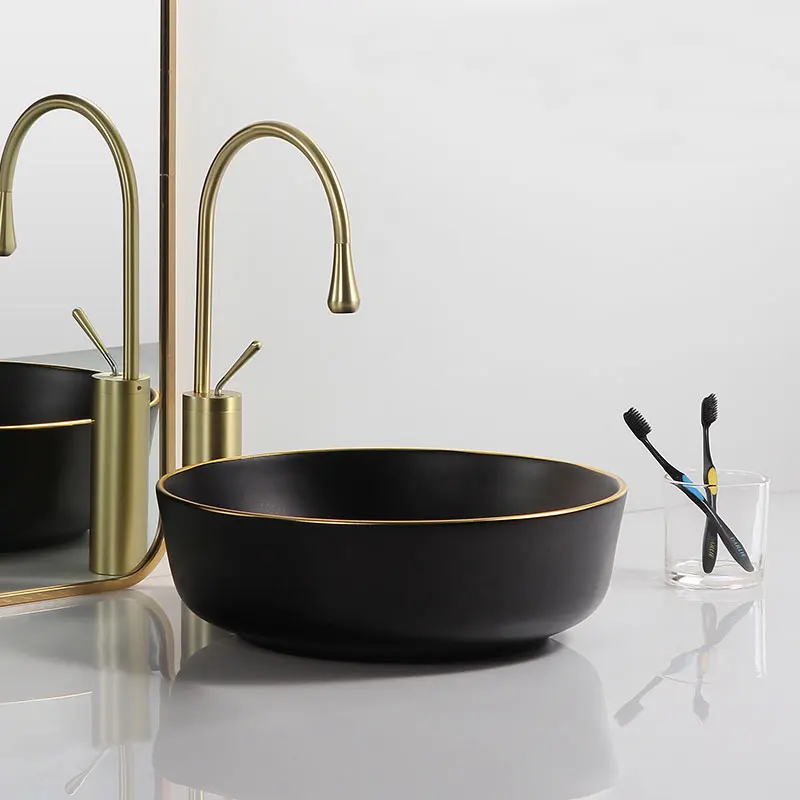2022 new model reasonable price matte black art washbasins bathroom products sinks basin with gold line