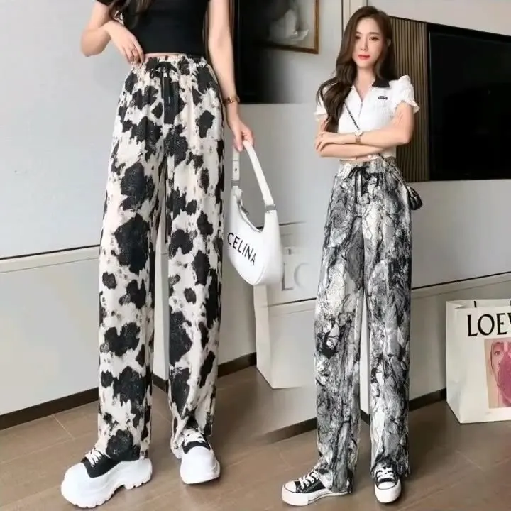2022 Amazon Hot Selling High Waist Loose Lace-up Ink Painting Casual Pants Tie-dye Ice Silk Printed Harem Wide Leg Pants Women