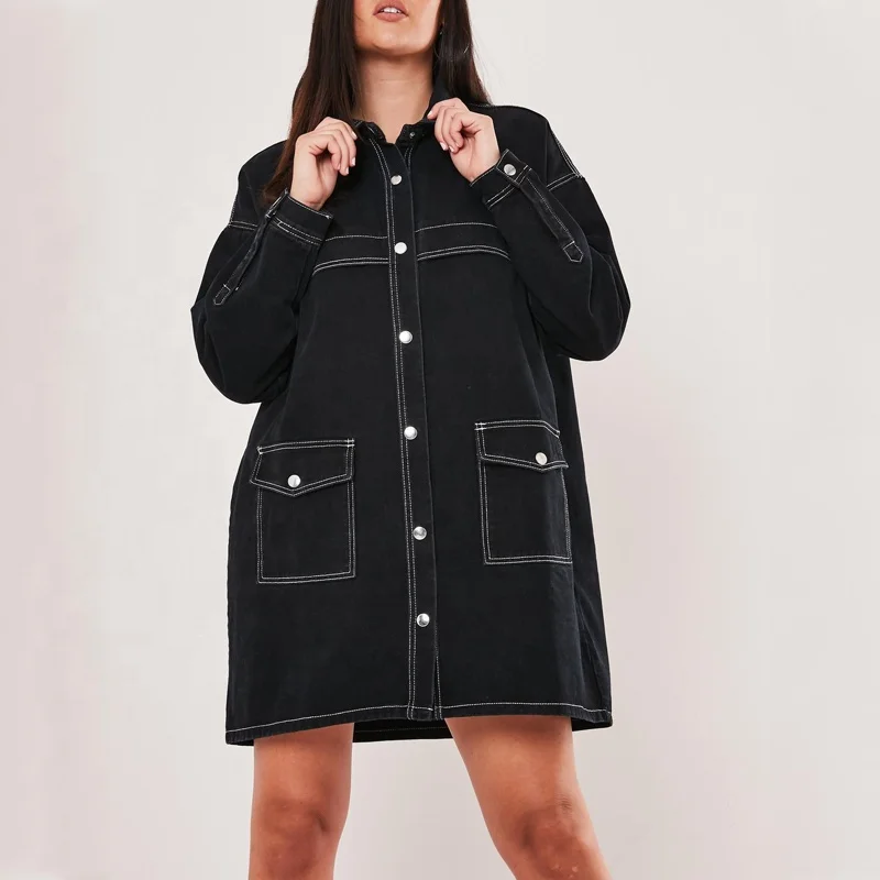 custom logo plus size fat women black jacket contrast white stitch ladies cool fashion long denim