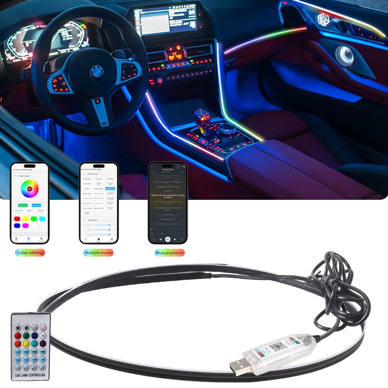 HAIZG Newest Car interior decorative led strip light 110 cm RGB Symphony App remote control USB automobile atmosphere light