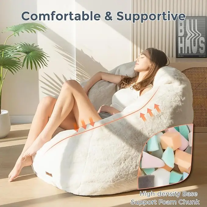 Faux Fur Shell-Shaped Large Bean Bag Chair Without Filler Sofa Chair Floor Sofa for Gaming, Reading, Beige