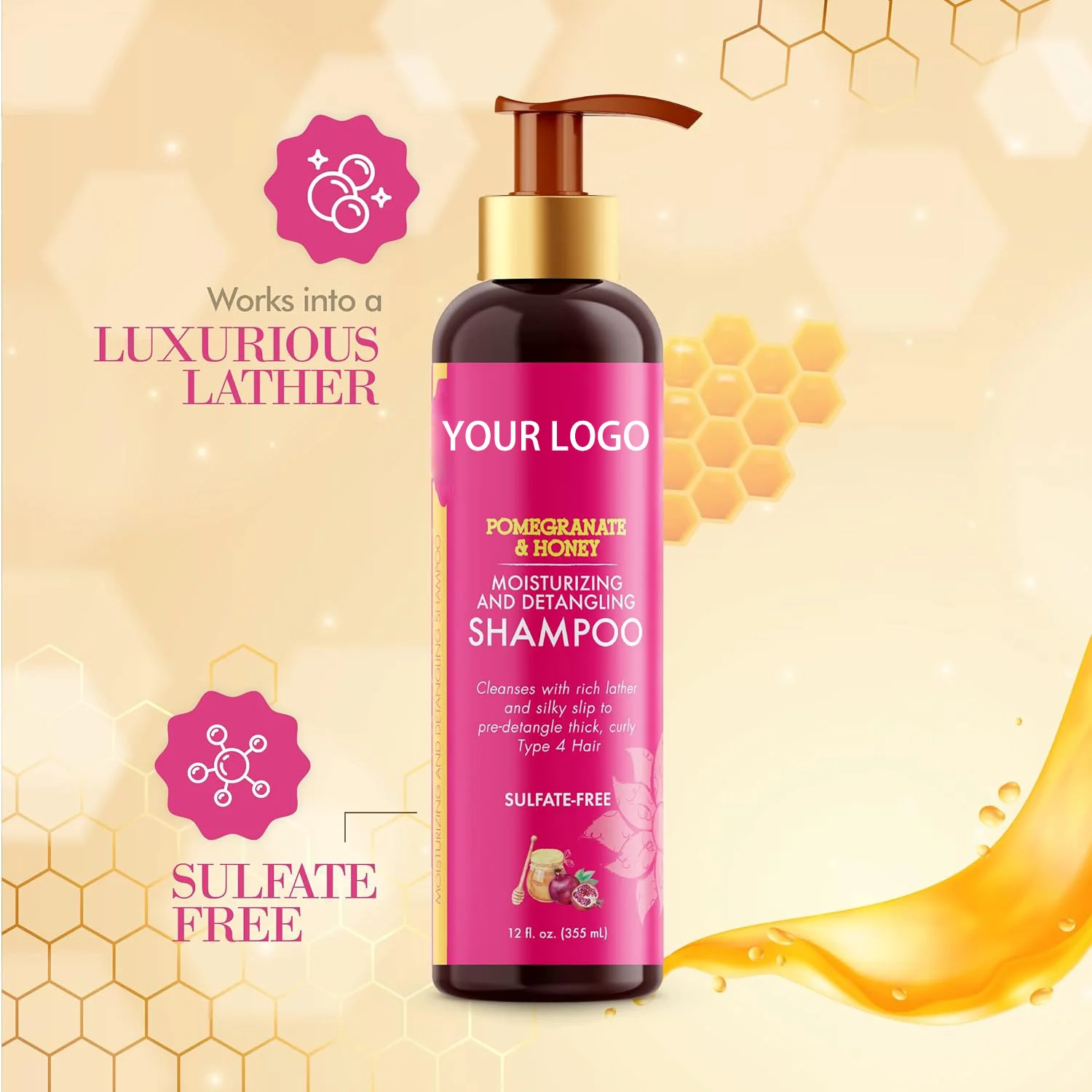 Private Label Sulfate Free Pomegranate Honey Moisturizing Hair Shampoo For Curly Hair