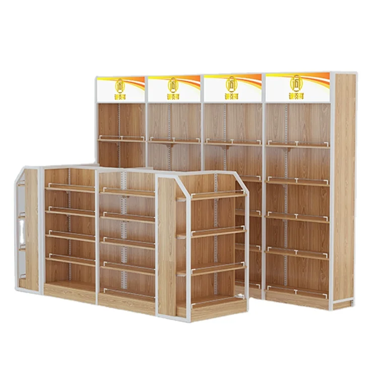 Custom Wood Shelving supermarket wooden display rack retail shelves with led supermarket display shelves