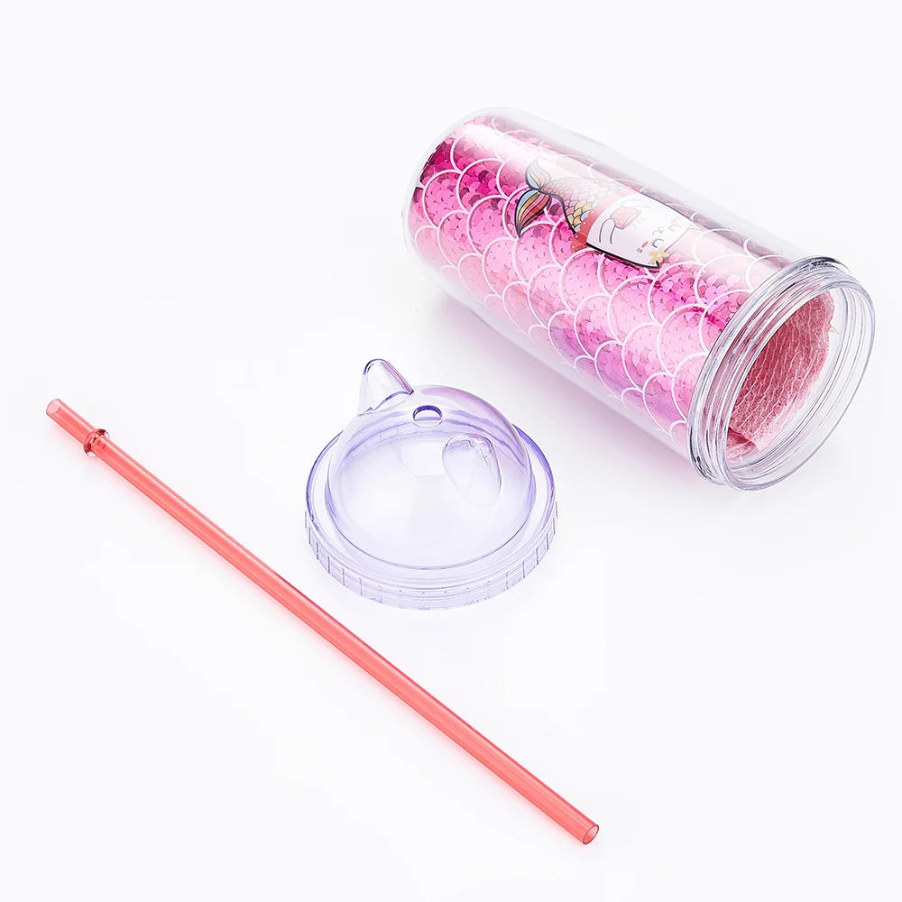 
Wholesale products custom clear reusable drinking double wall glitter cat ear plastic drinking cup with straw 