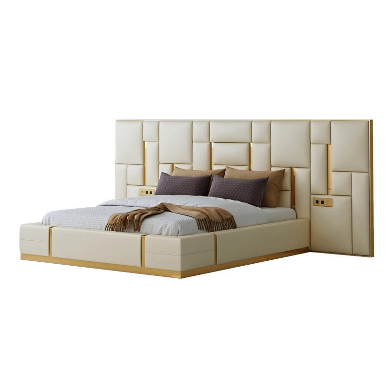 Современная роскошная кожаная кровать в итальянском стиле для спальни размера «King-Size» с мягкой обивкой панель из сосны дома отеля распродажа