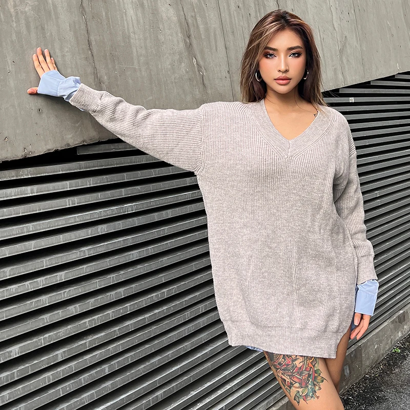 TWOTWINSTYLE Patchwork Colorblock Womens Sweater V Neck Long Sleeve Korean Fashion Pullovers