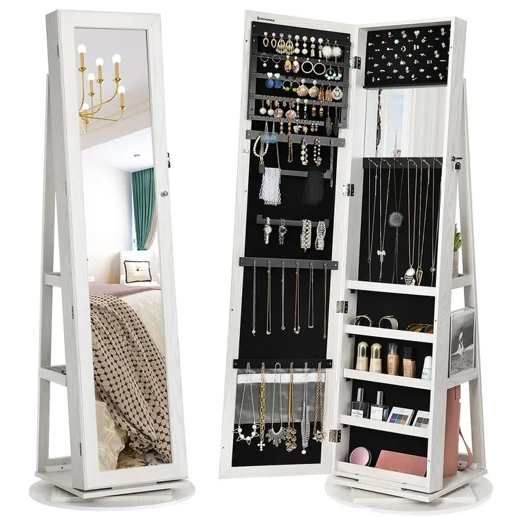 White Floor Rotating Organizer Wooden Standing Mirror Large Wood Jewelry Cabinet
