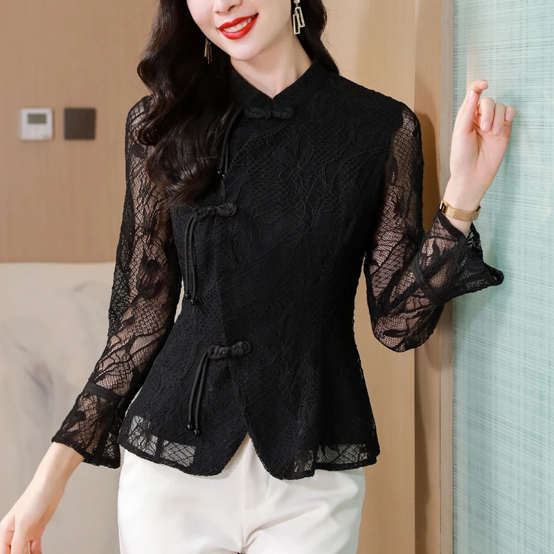 2024 Women Spring Autumn Vintage Stitching Print Blouses Korean Elegant Office Shirt Long Sleeve Shirt Ladies Chiffon Blouse Top